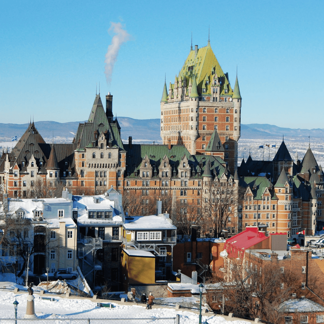  Cobblestone streets and historic architecture in Quebec City, covered with snow during winter.