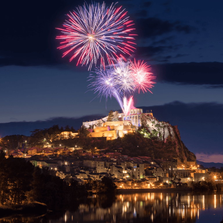 Celebrations of Bastille Day in France with fireworks