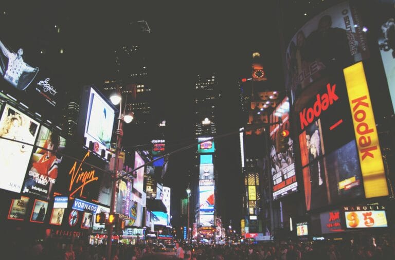 New York City skyline lit up at night, 2025